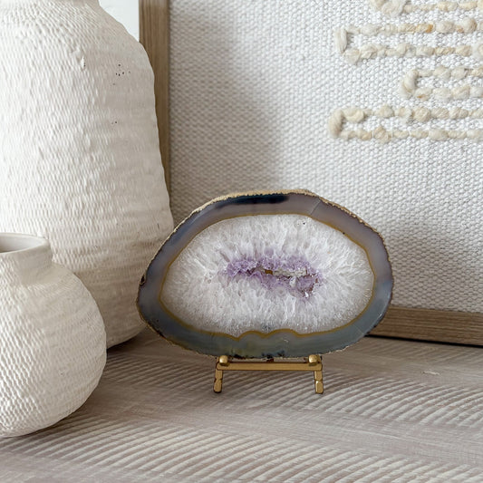 agate druzy slice on brass easel stand, natural home accents
