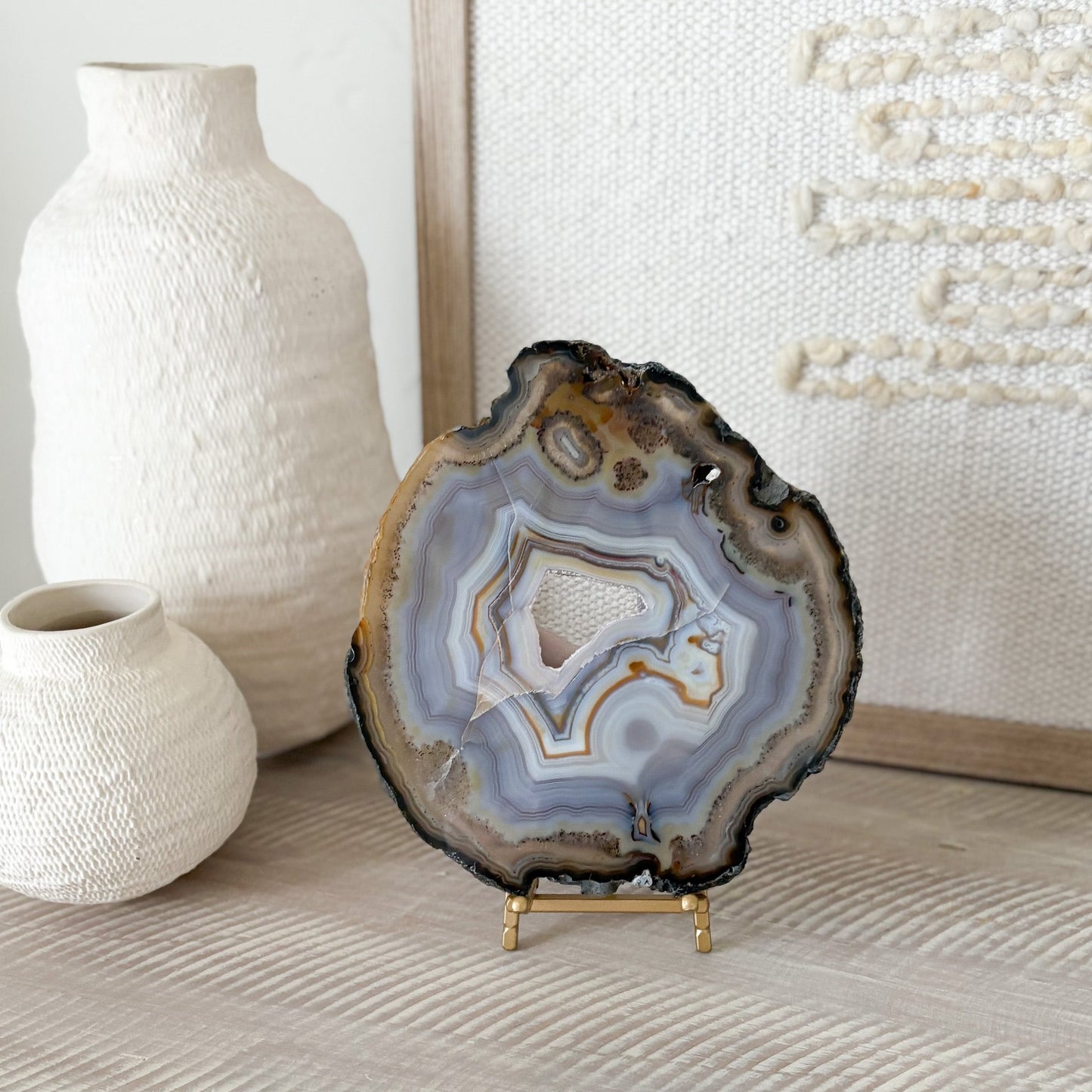 natural blue agate druzy slice on brass stand