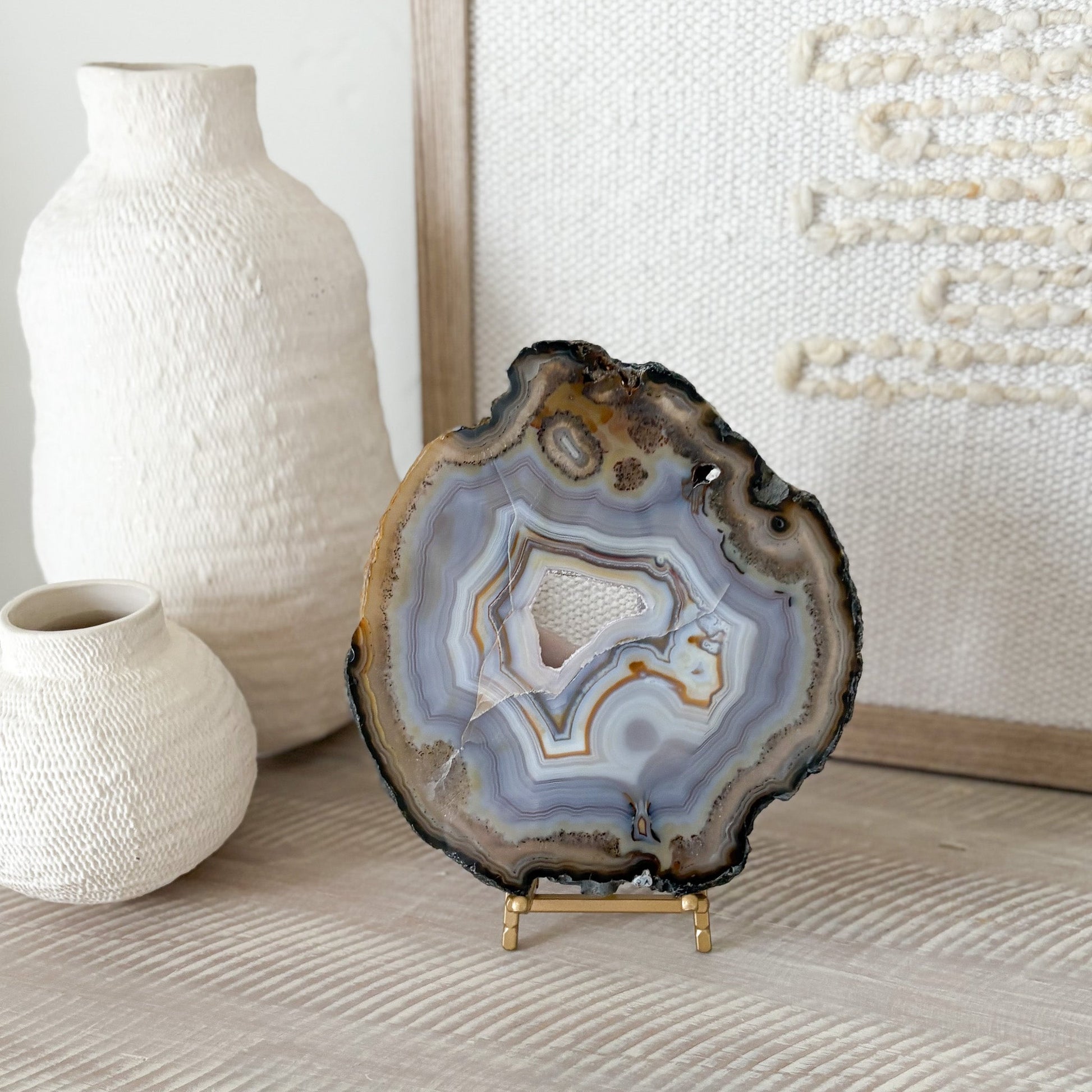 natural blue agate druzy slice on brass stand