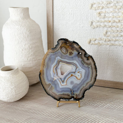 natural blue agate druzy slice on brass stand