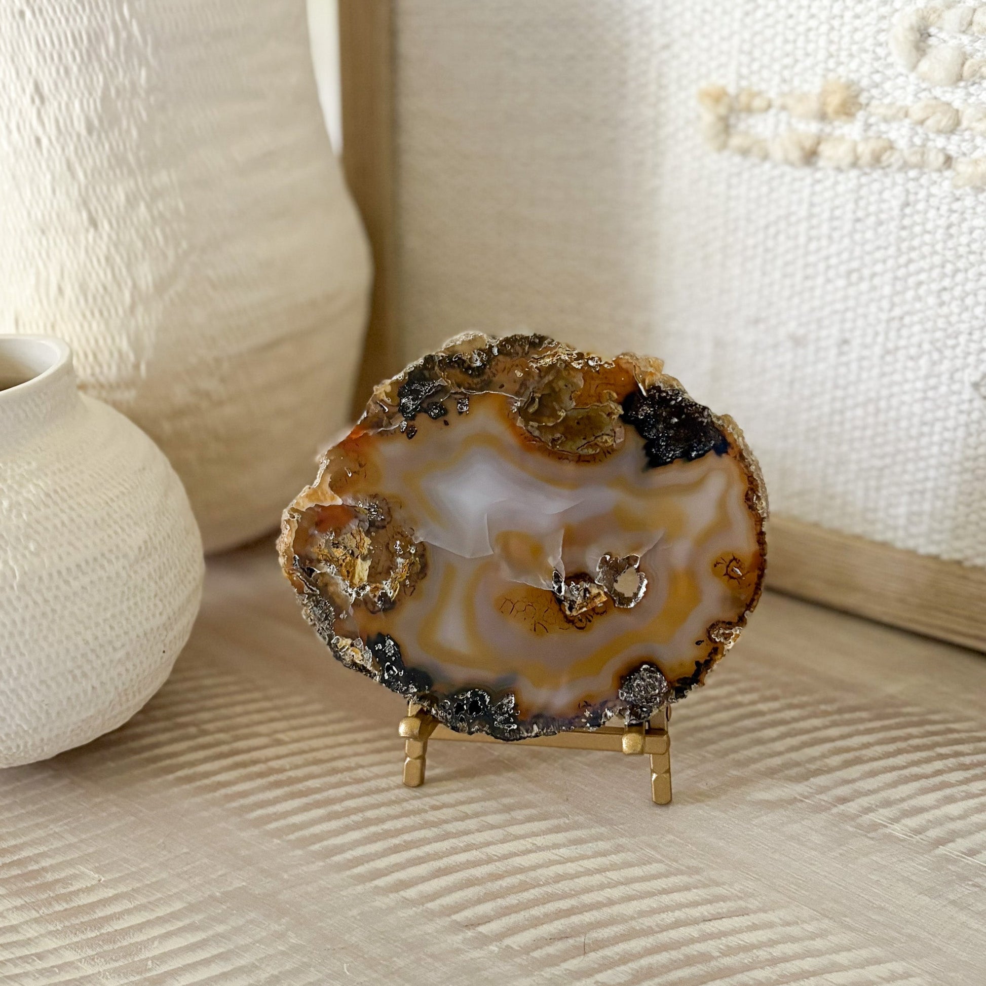 decorative natural agate slice on brass stand