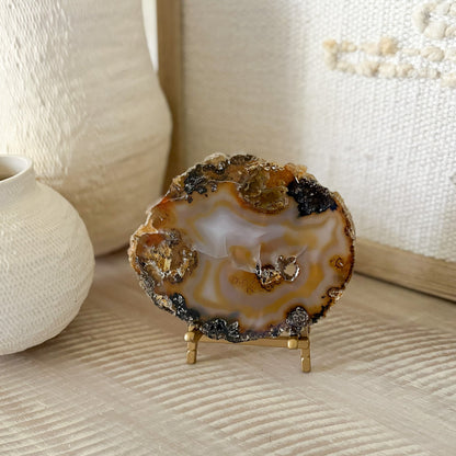 decorative natural agate slice on brass stand