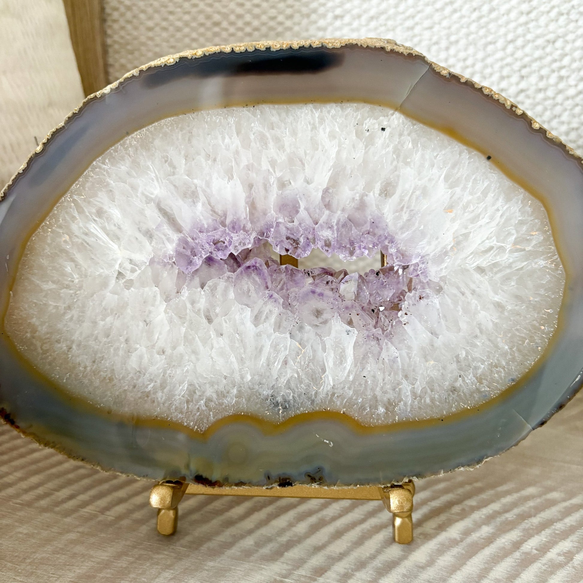 agate druzy geode slice on stand