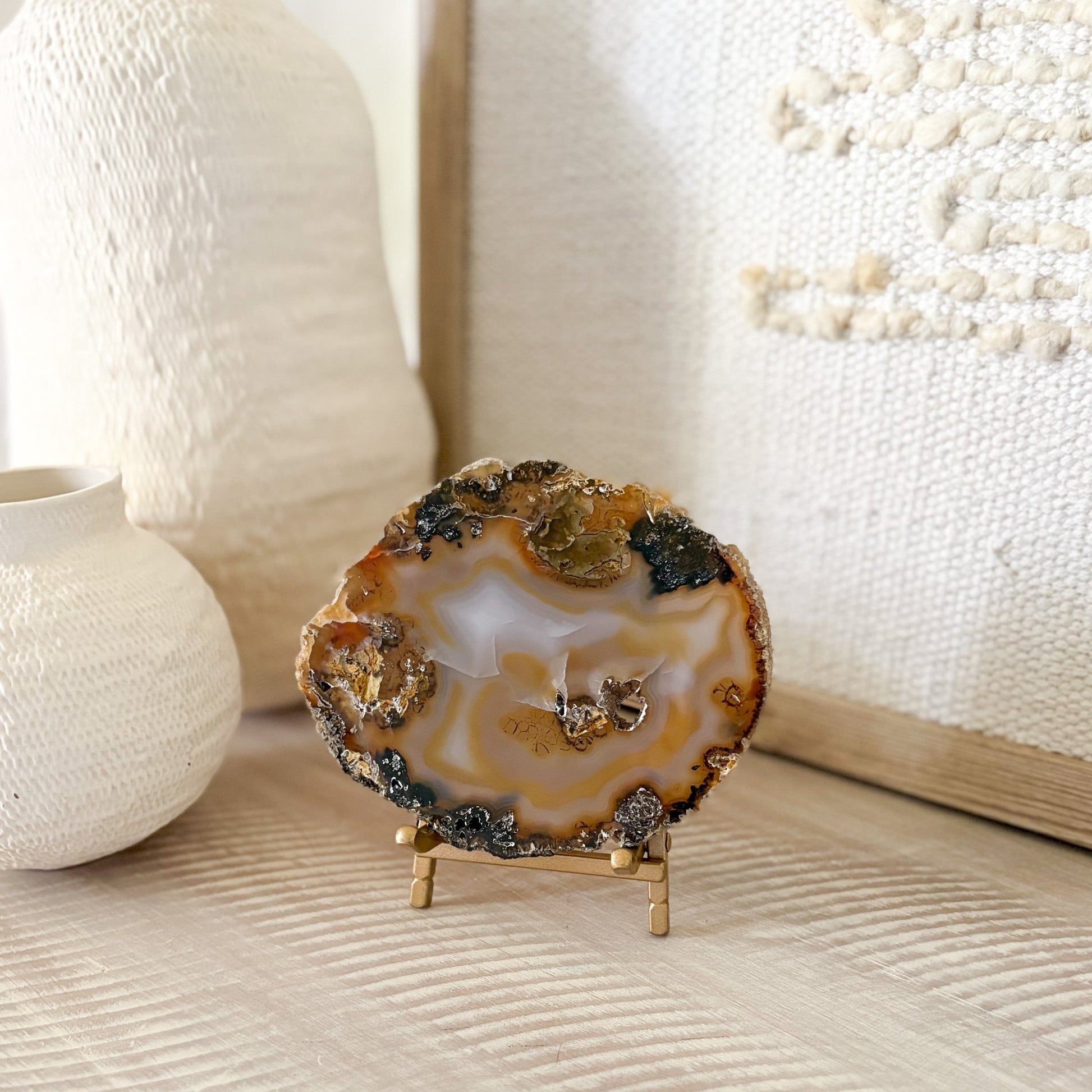 earth tone agate druzy slice on brass stand