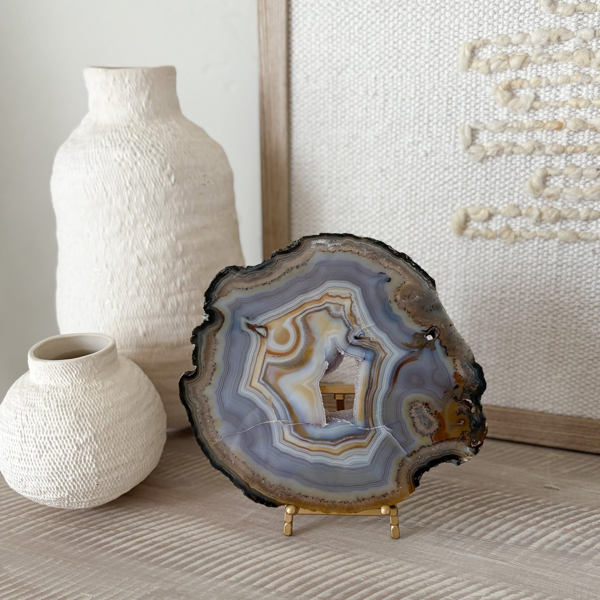 natural blue agate geode slice on easel stand