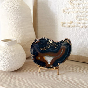 decorative dark blue agate slice on stand, organic home decor