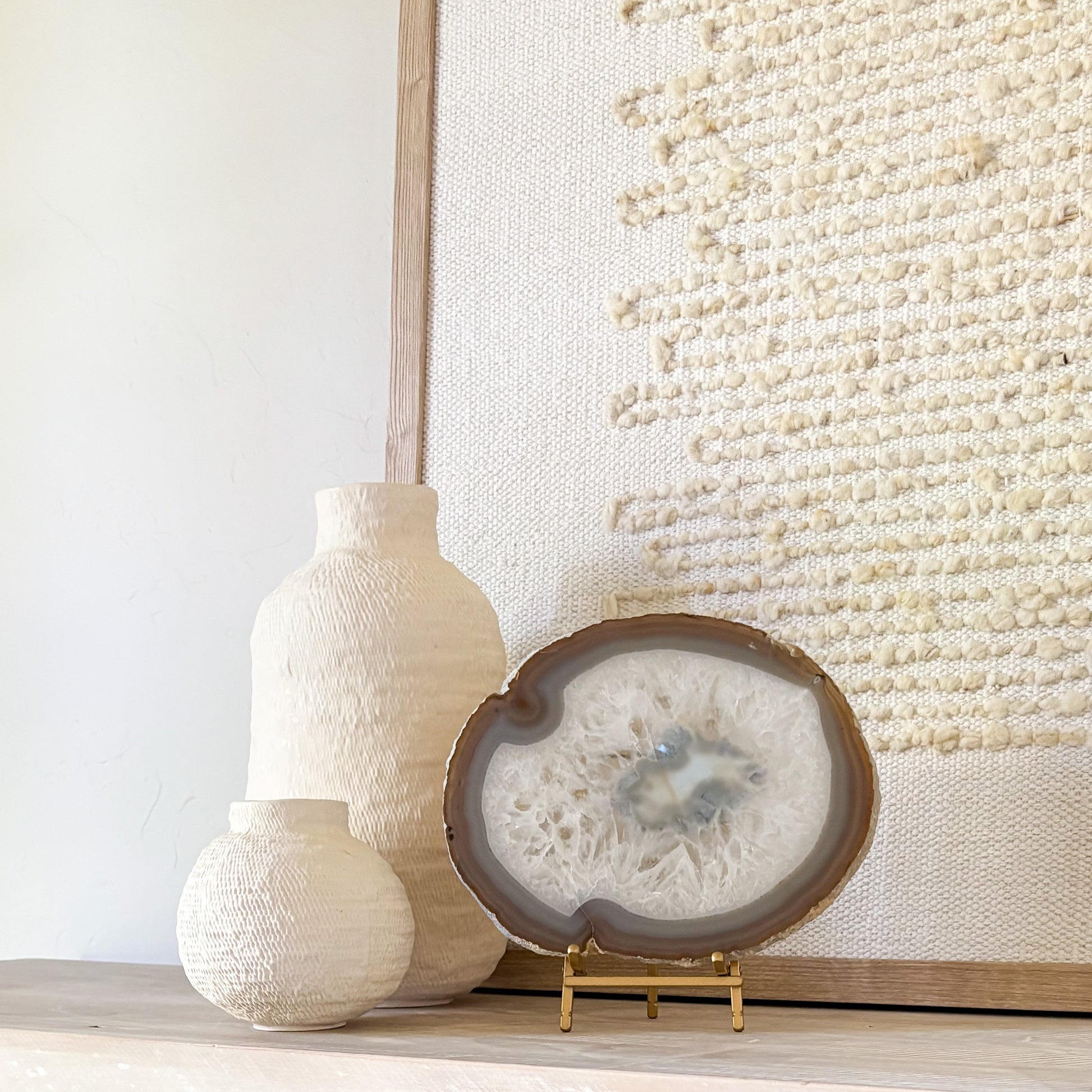 High-end agate slice decor on stand for interior design accents