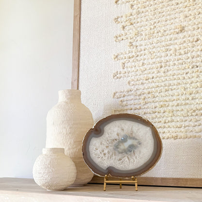 High-end agate slice decor on stand for interior design accents