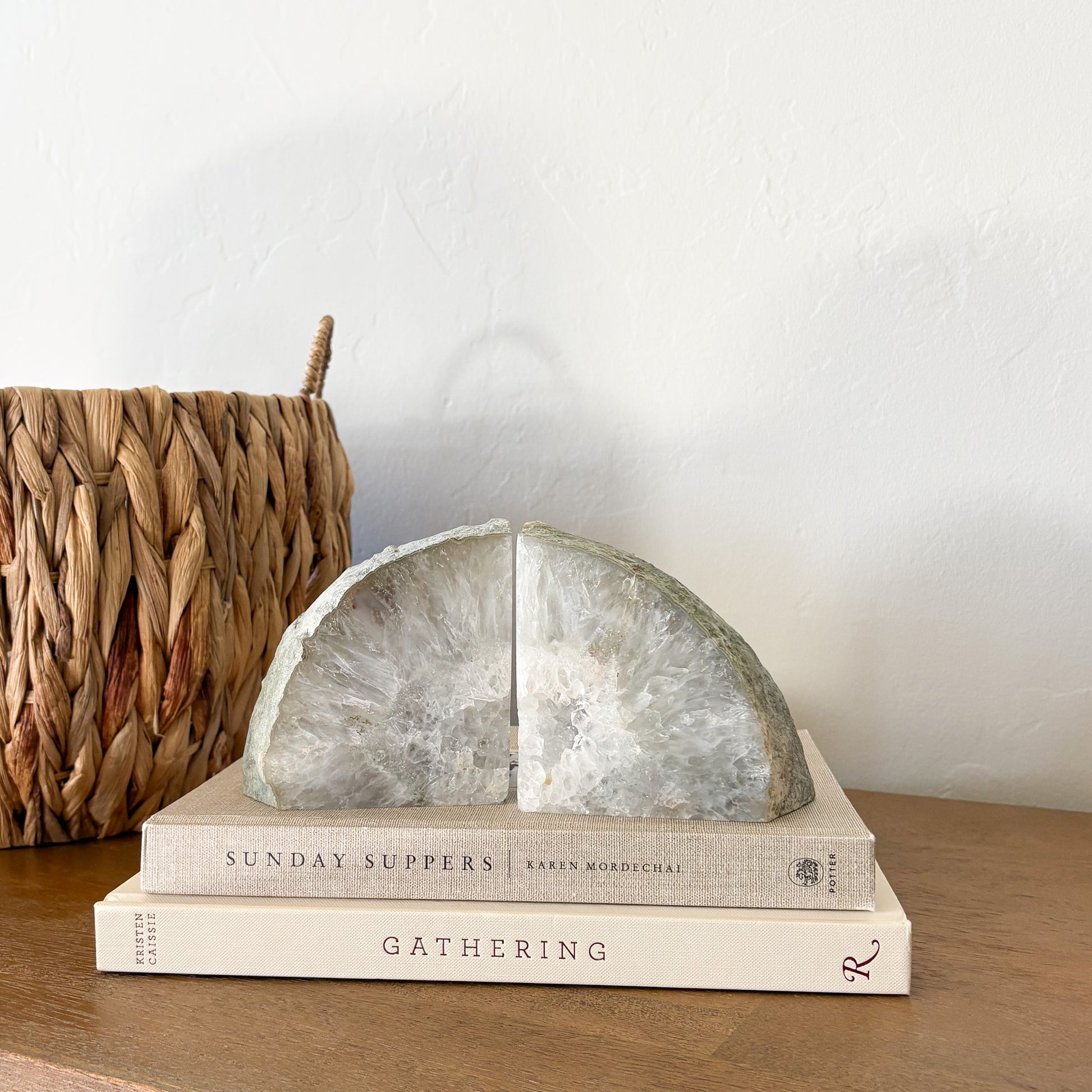 Matching pair of Brazilian agate geode bookends featuring sparkling quartz crystal centers and polished banded agate exterior