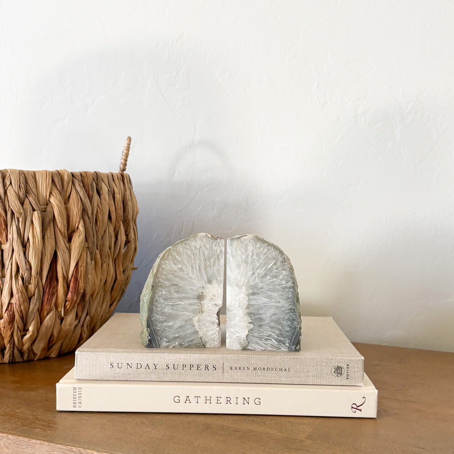 Premium Brazilian agate geode center bookend set with sparkling quartz crystals and polished agate banding