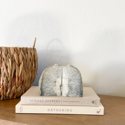 Premium Brazilian agate geode center bookend set with sparkling quartz crystals and polished agate banding