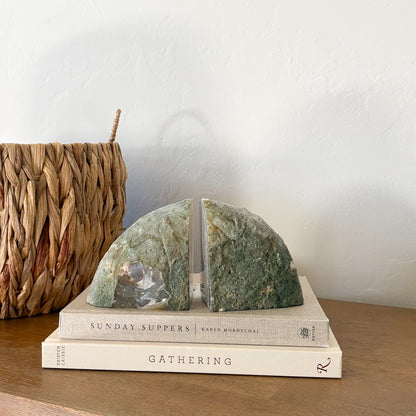 Natural Brazilian agate geode bookends with druzy quartz center and polished stone edges, sold as a pair