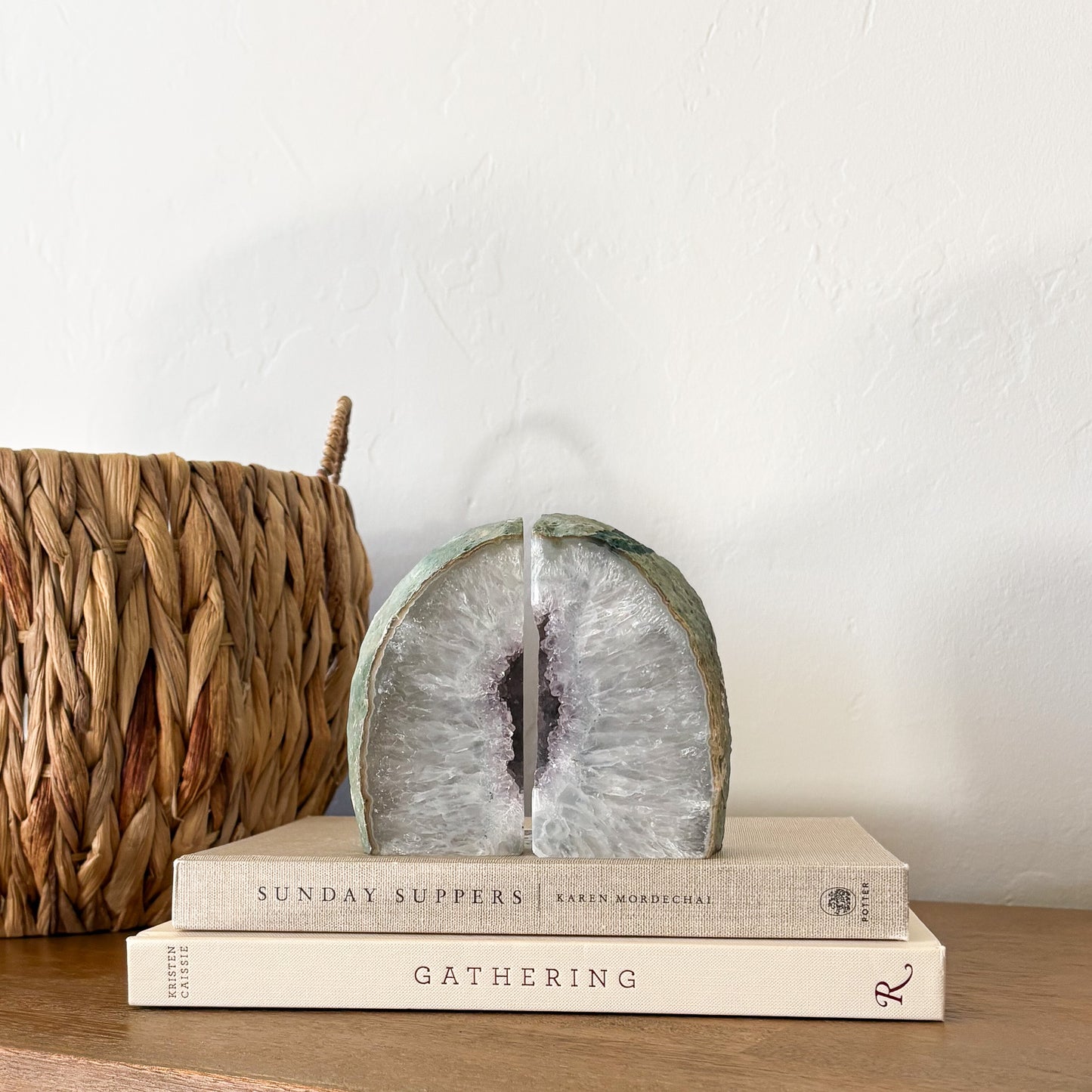 Natural Brazilian agate geode bookends with druzy quartz center and polished stone edges, sold as a pair