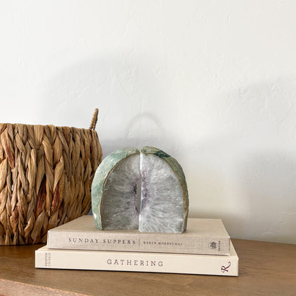 Brazilian agate geode bookend pair with natural quartz crystal core, decorative gemstone bookends for luxury home decor
