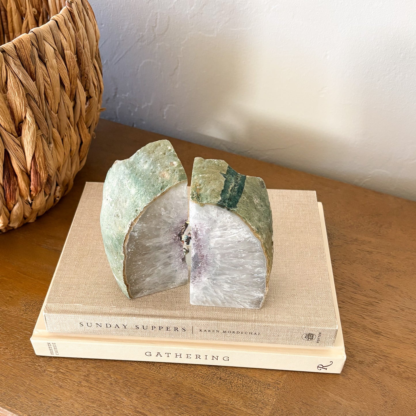 Brazilian agate geode bookends with green banding and light amethyst quartz crystal center