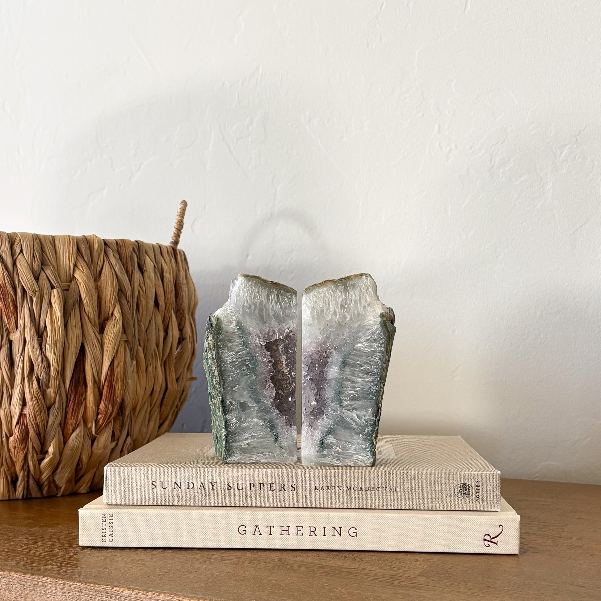 Matching pair of Brazilian agate geode bookends featuring sparkling quartz crystal centers and polished banded agate exterior