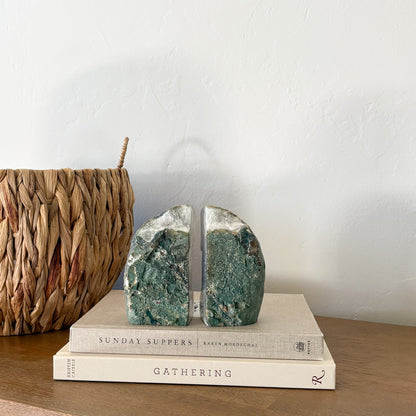 Brazilian agate geode center bookend pair with green agate layers and pale lavender quartz druzy, decorative gemstone bookends