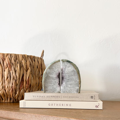 Premium Brazilian agate geode center bookend set with sparkling quartz crystals and polished agate banding