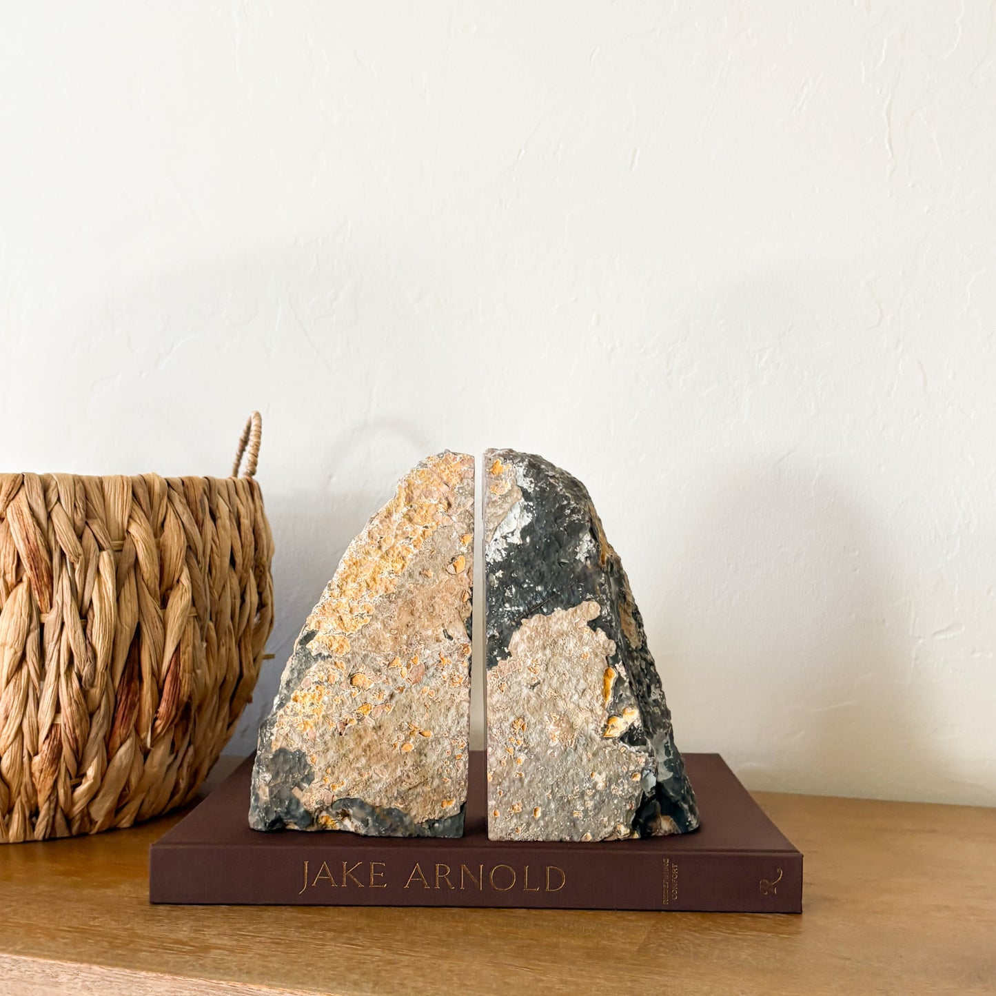 Brazilian agate geode center bookend pair with golden brown agate layers and natural quartz druzy, decorative gemstone bookends