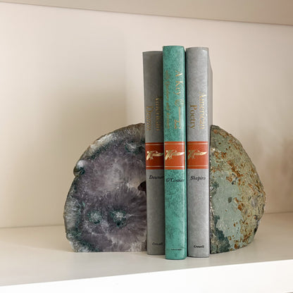 Crystal druzy agate bookend pair for bookshelf styling and modern interiors