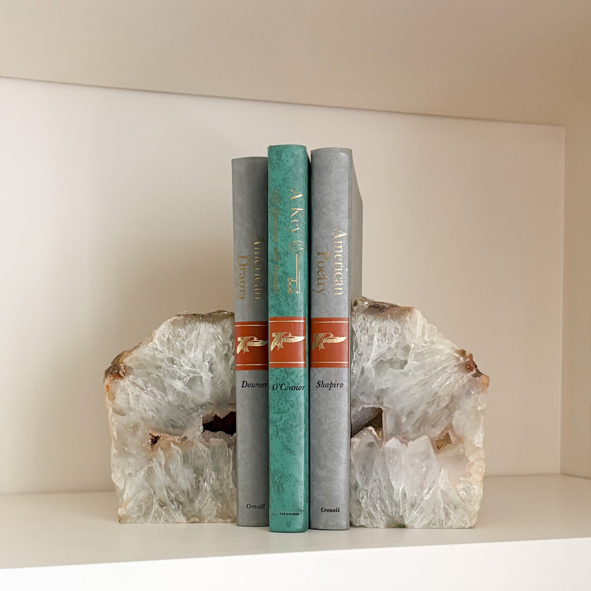 Brazilian agate geode bookends with glittering druzy quartz crystal formation