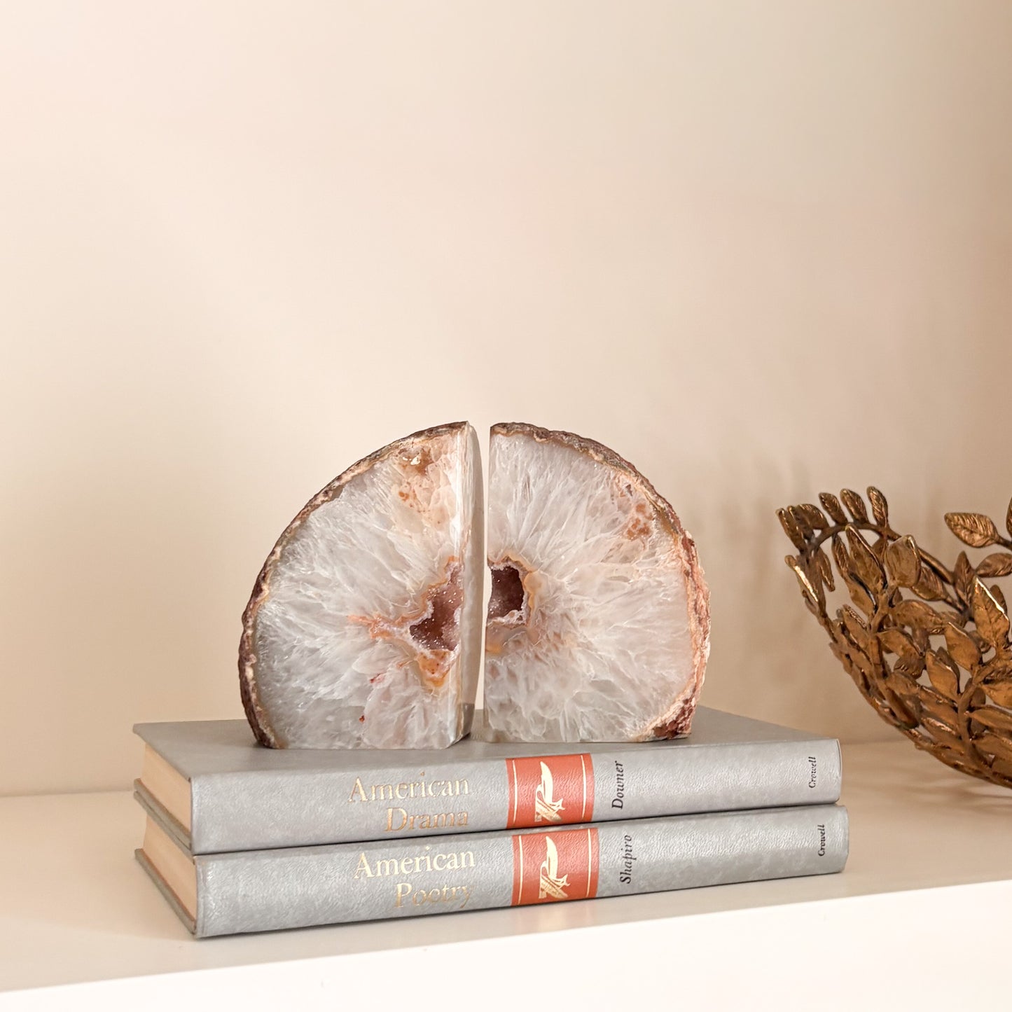Authentic Brazilian agate bookend pair with natural mineral crystal cavity