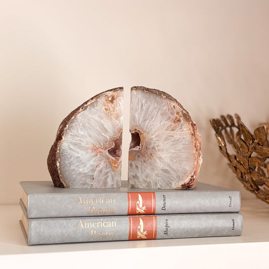 Elegant Brazilian agate crystal bookends with shimmering natural druzy center