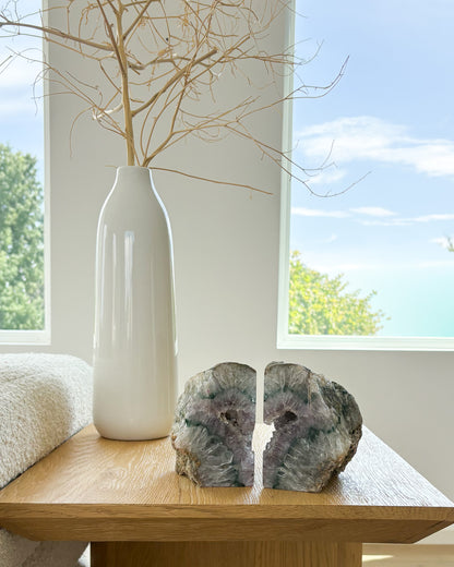 One-of-a-kind Brazilian agate bookends featuring sparkling druzy crystals