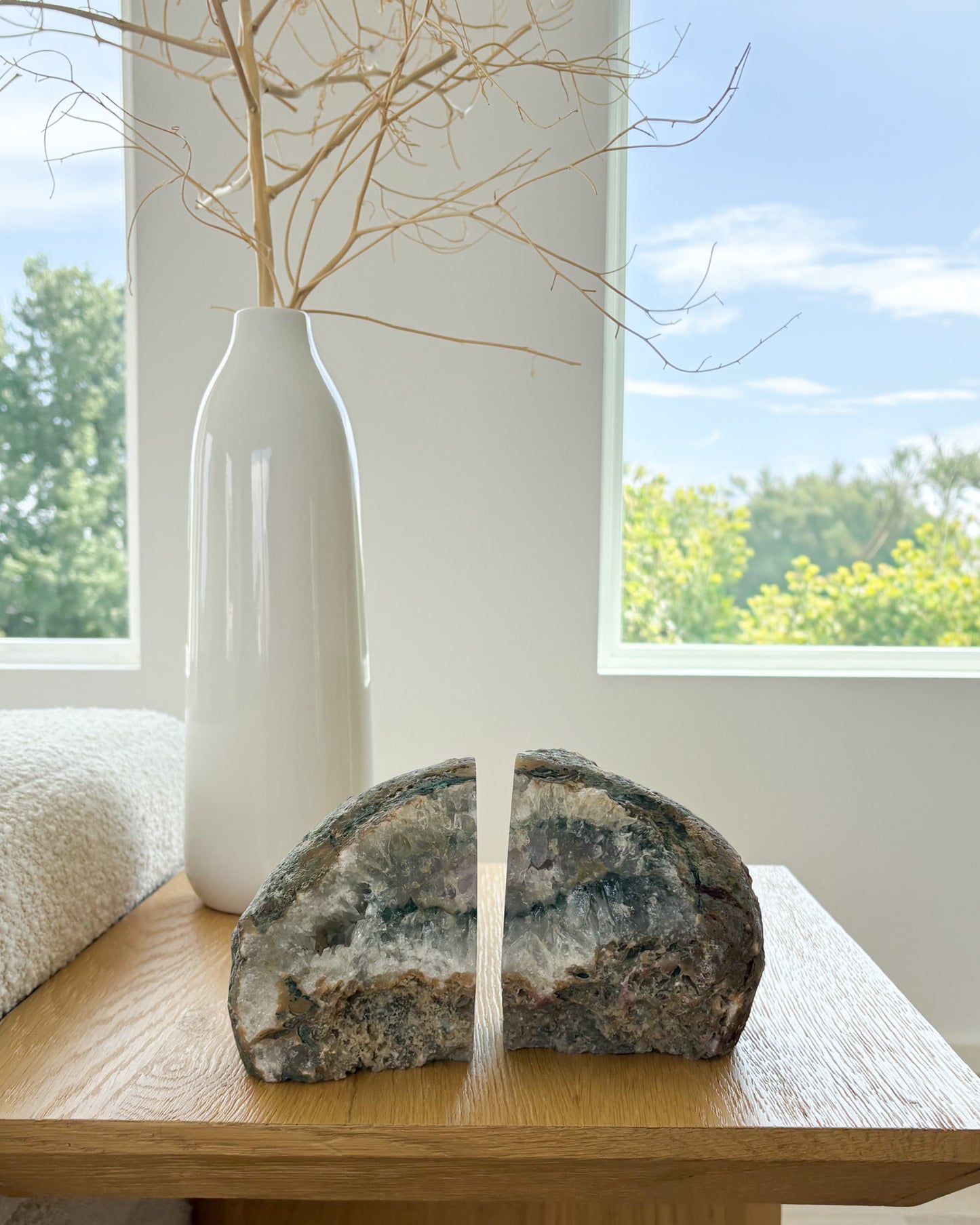 Natural Brazilian agate bookend pair with polished faces and organic edges