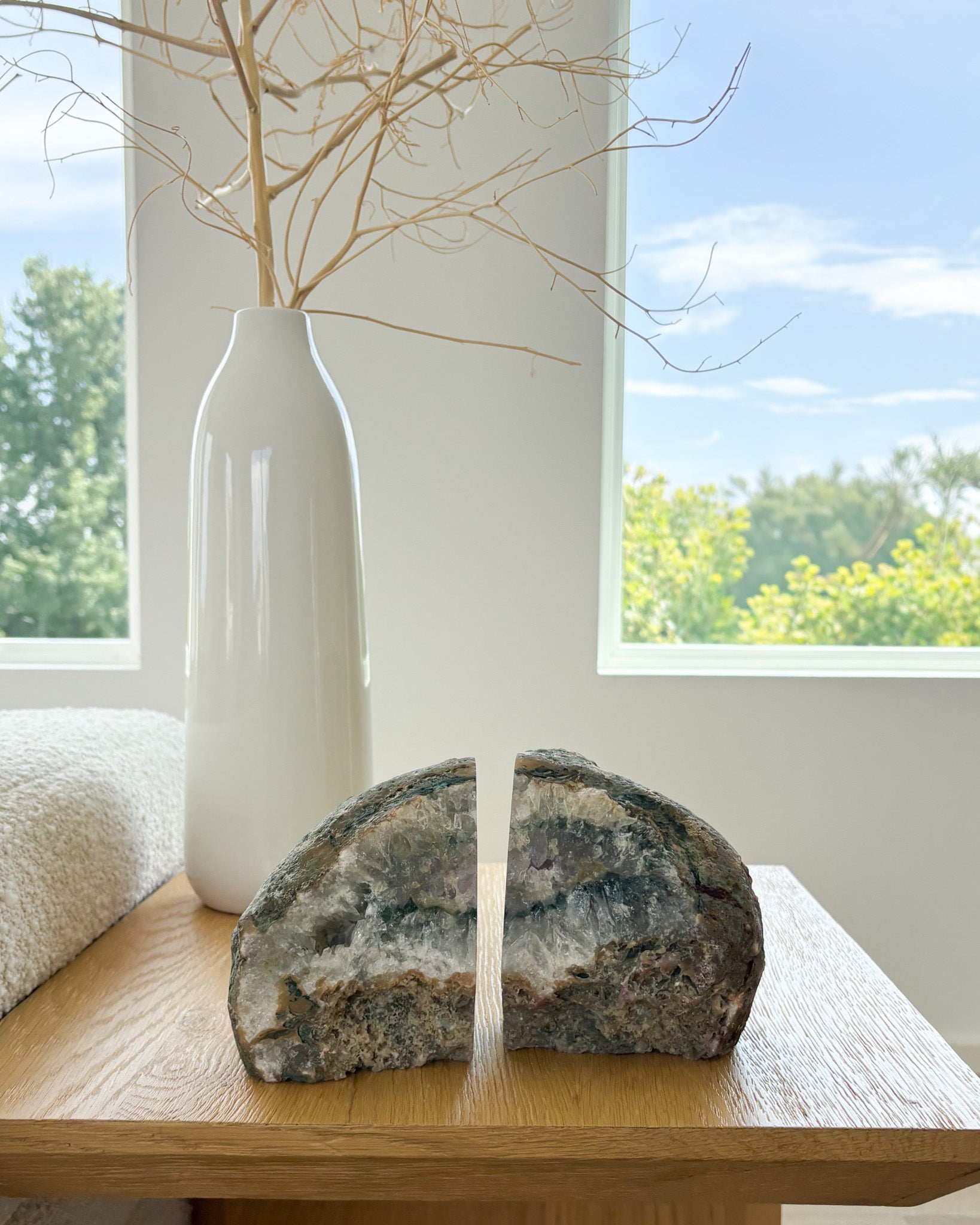 Natural Brazilian agate bookend pair with polished faces and organic edges