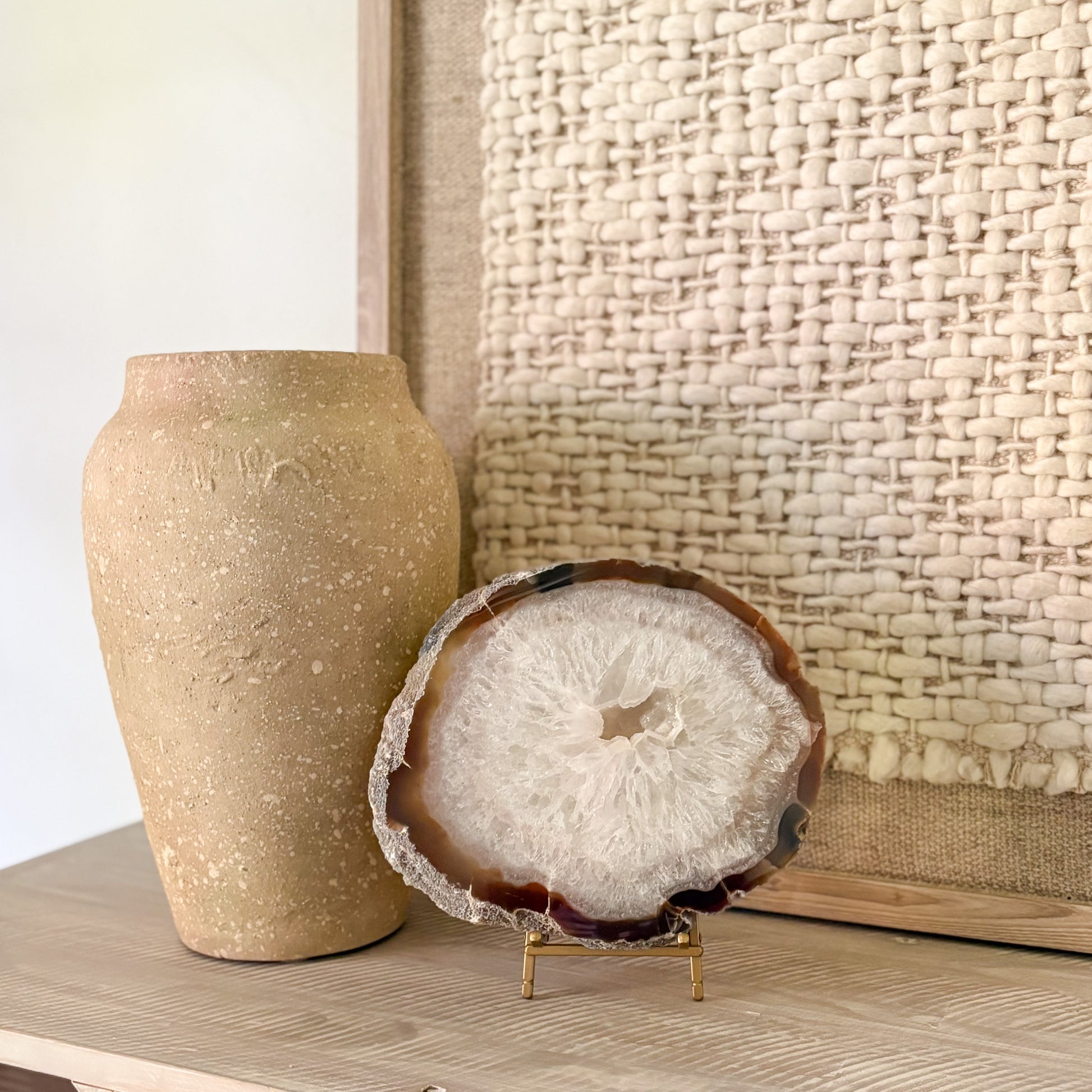 natural brown and white large agate druzy slab on brass easel stand
