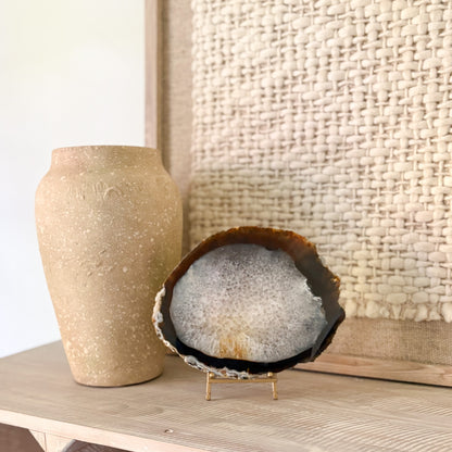 natural brown and white thick agate slab on brass easel stand