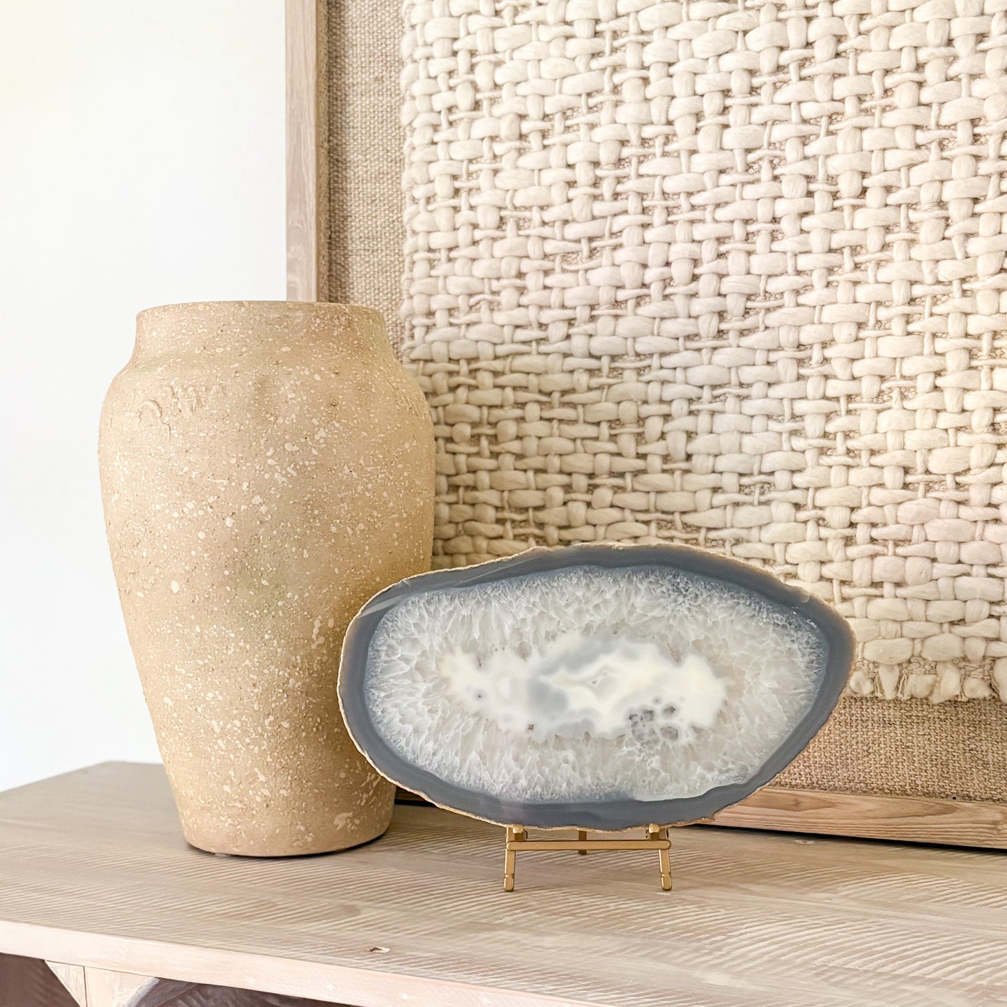 decorative blue agate slab on brass easel stand