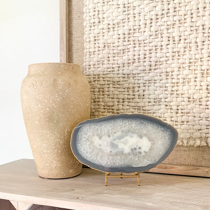 decorative blue agate slab on brass easel stand