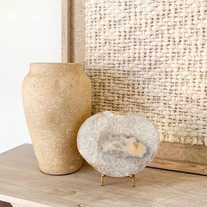 large natural agate platter on brass easel stand