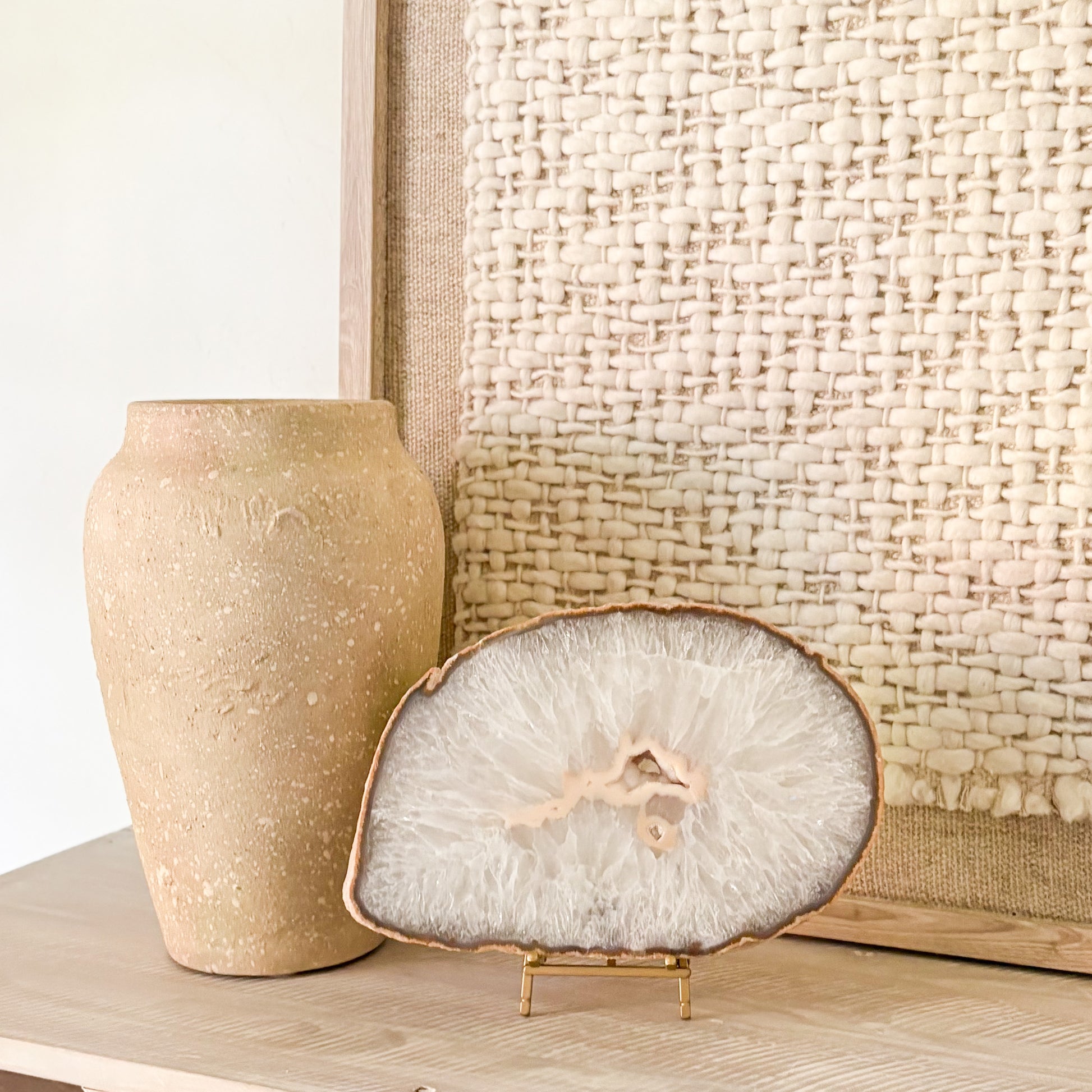 Luxury natural stone décor accent—Brazilian agate slab styled in neutral interior