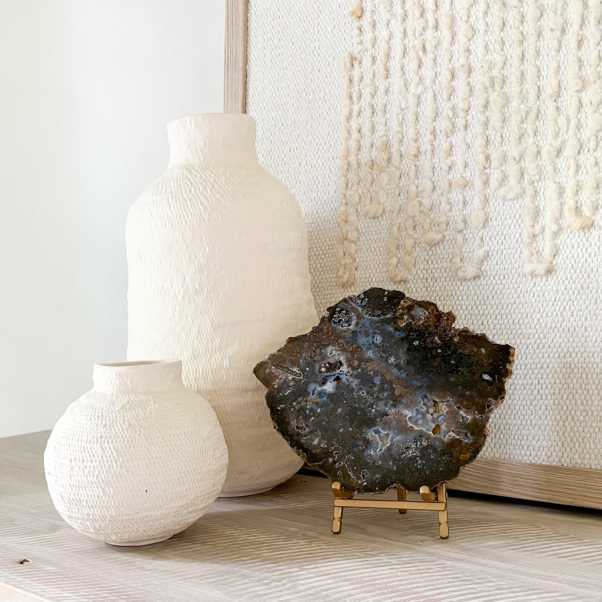 natural agate slice on brass easel stand