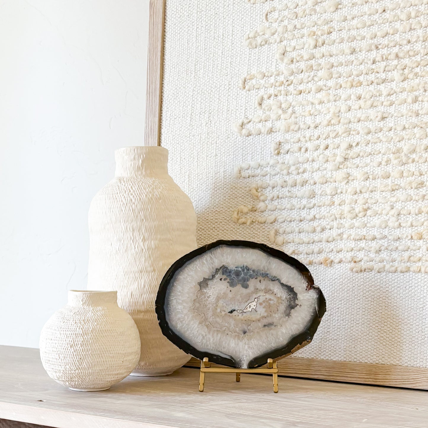 Brazilian agate slice tabletop decor on stand, unique gemstone gift for home styling