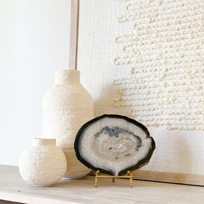 Brazilian agate slice tabletop decor on stand, unique gemstone gift for home styling