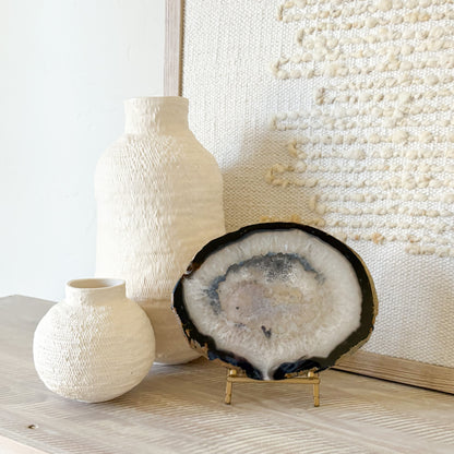 Hand-polished Brazilian agate slice sculpture on stand, natural stone decor accent