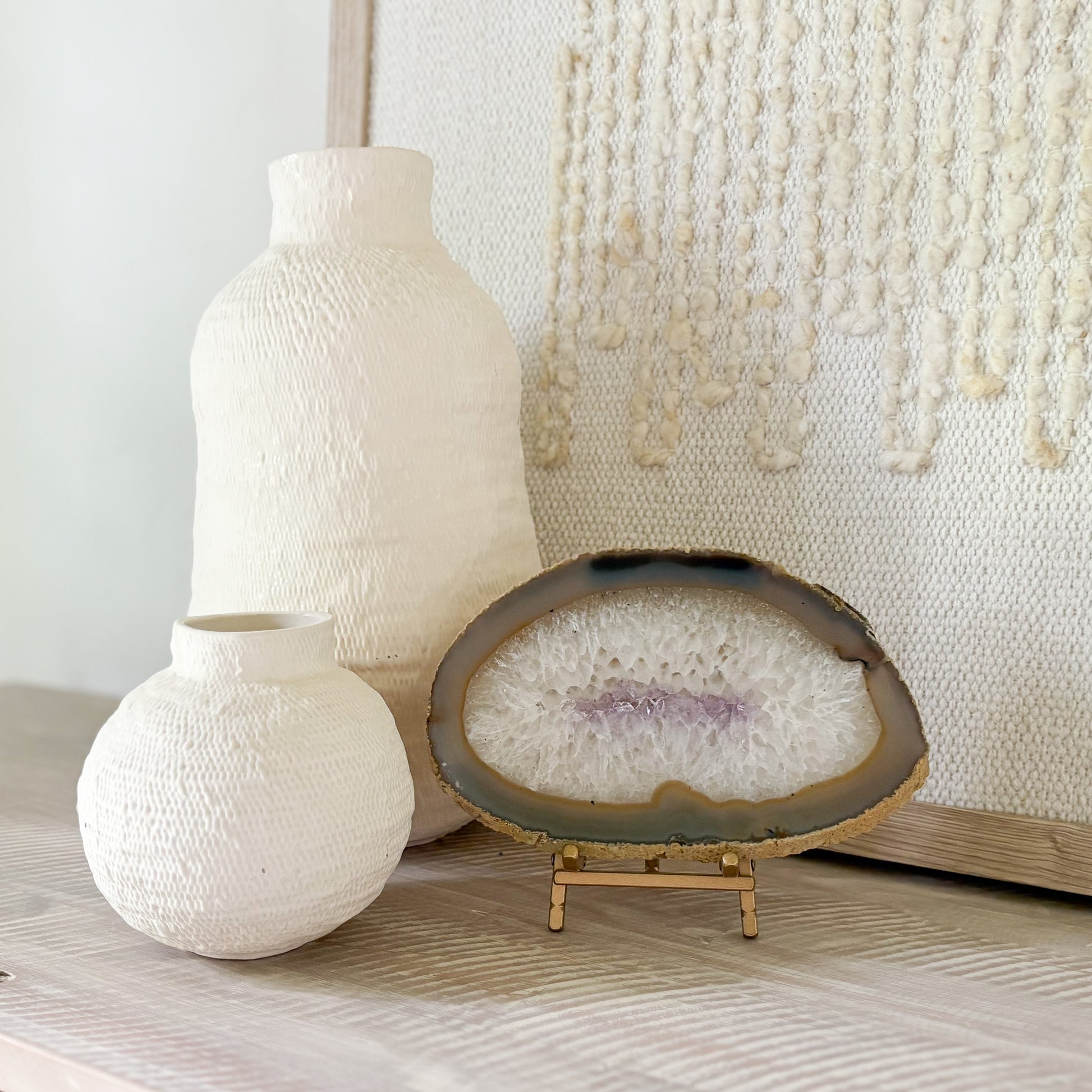 decorative agate druzy slice on brass easel stand