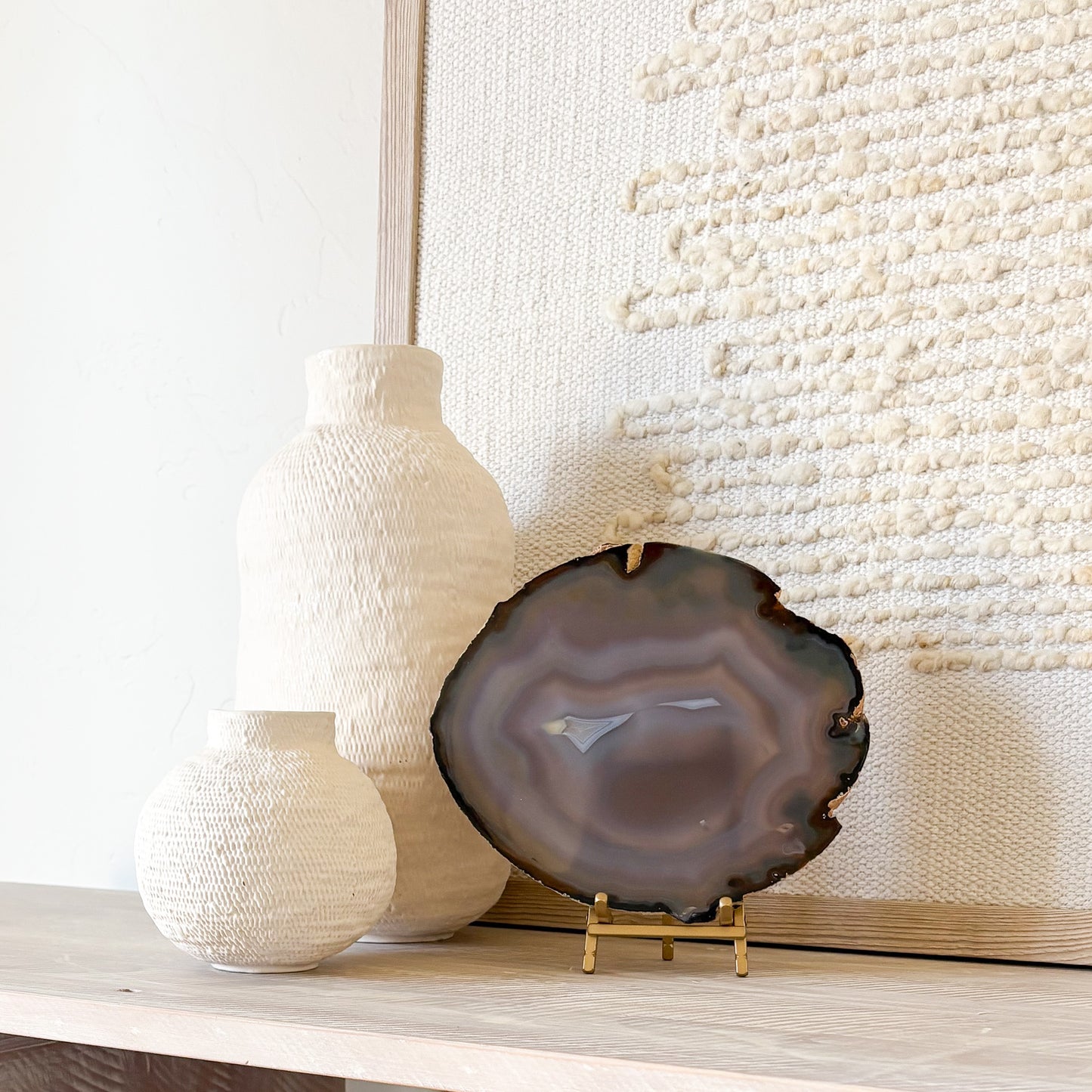 Large Brazilian agate slice with gold-tone stand, luxury boho home decor accessory