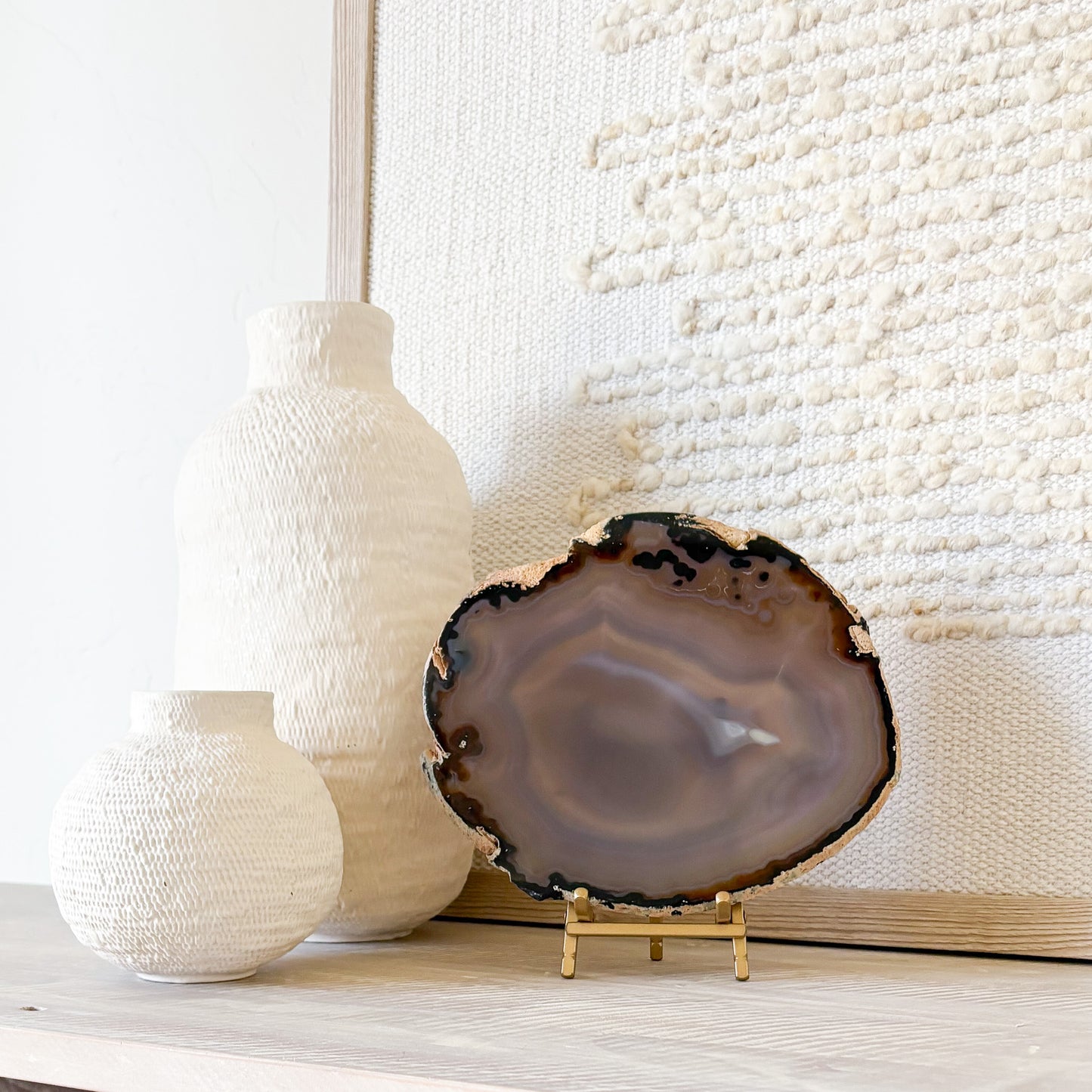 Hand-polished Brazilian agate slice sculpture on stand, natural stone decor accent