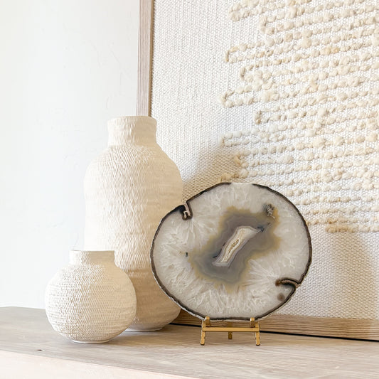 Large Brazilian agate slice with gold-tone stand, luxury boho home decor accessory