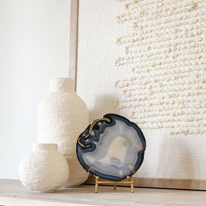 Brazilian agate slice on brass easel stand, decorative home accent