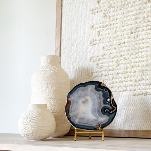 Brazilian agate slice on brass easel stand, artisanal home decor display