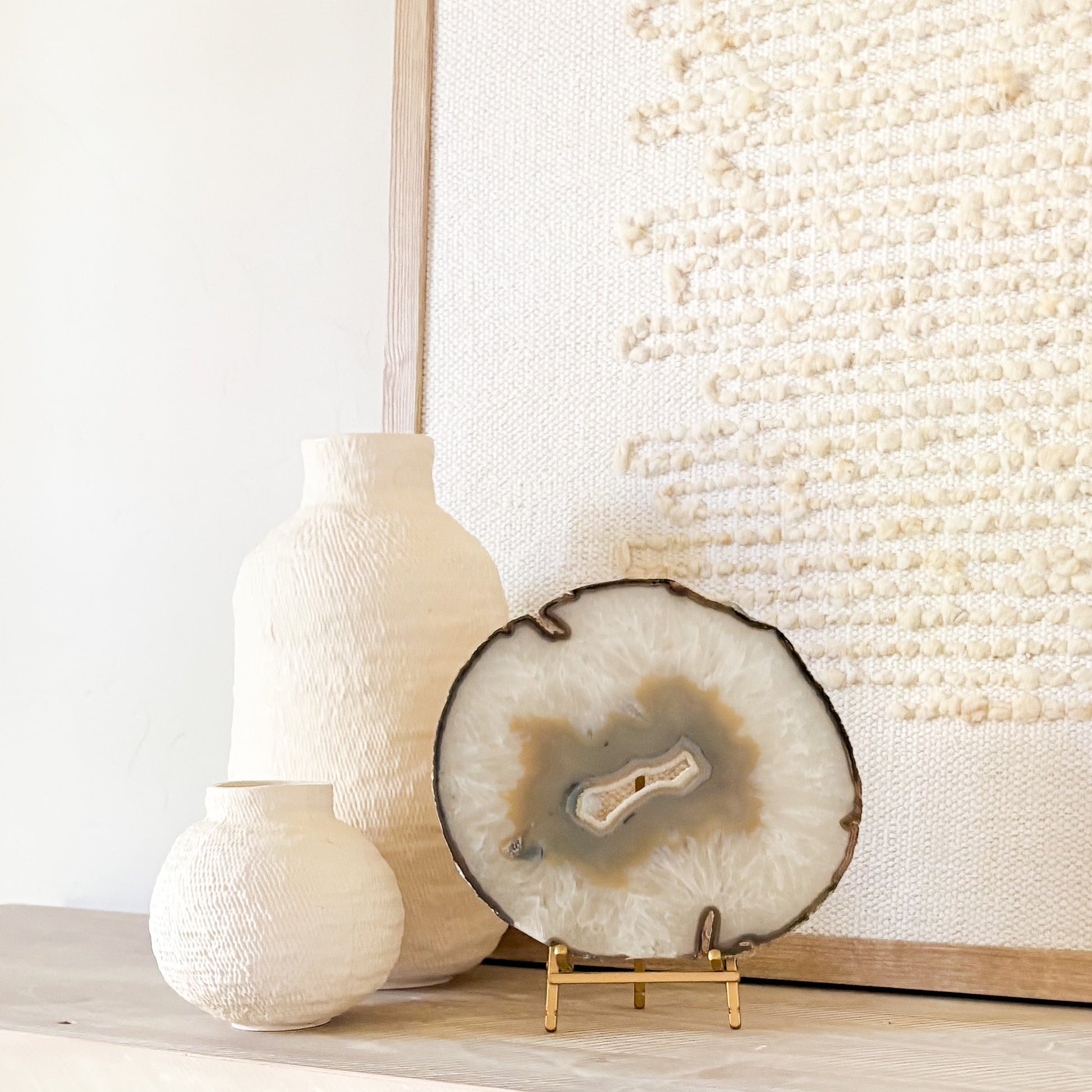 Decorative Brazilian agate slice sculpture on stand for upscale home decor