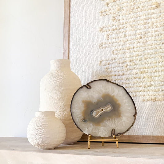 Brazilian agate slice on brass easel stand luxury home decor accent piece