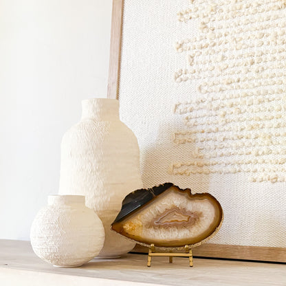 Decorative Brazilian agate slice sculpture on stand for upscale home decor