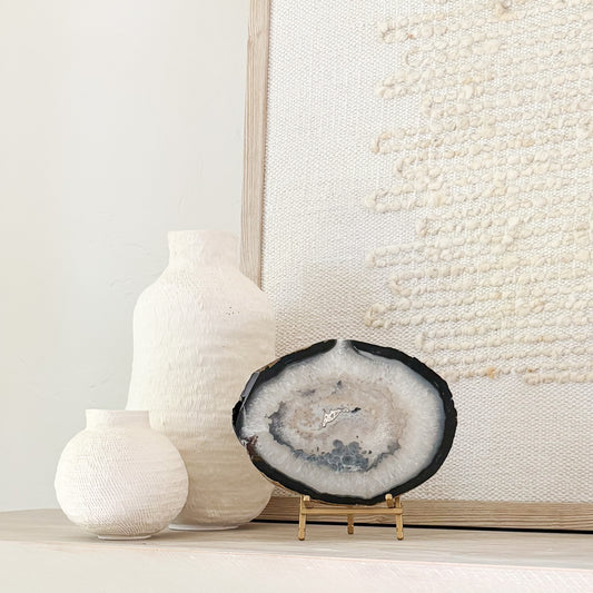 Decorative Brazilian agate slice on stand for modern organic home decor and bookshelf styling